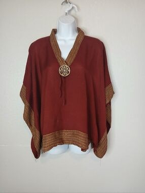 Zikin Tunic Poncho Burgundy Gold Trim Brooch Boho Indie Hippy Dolman Festival